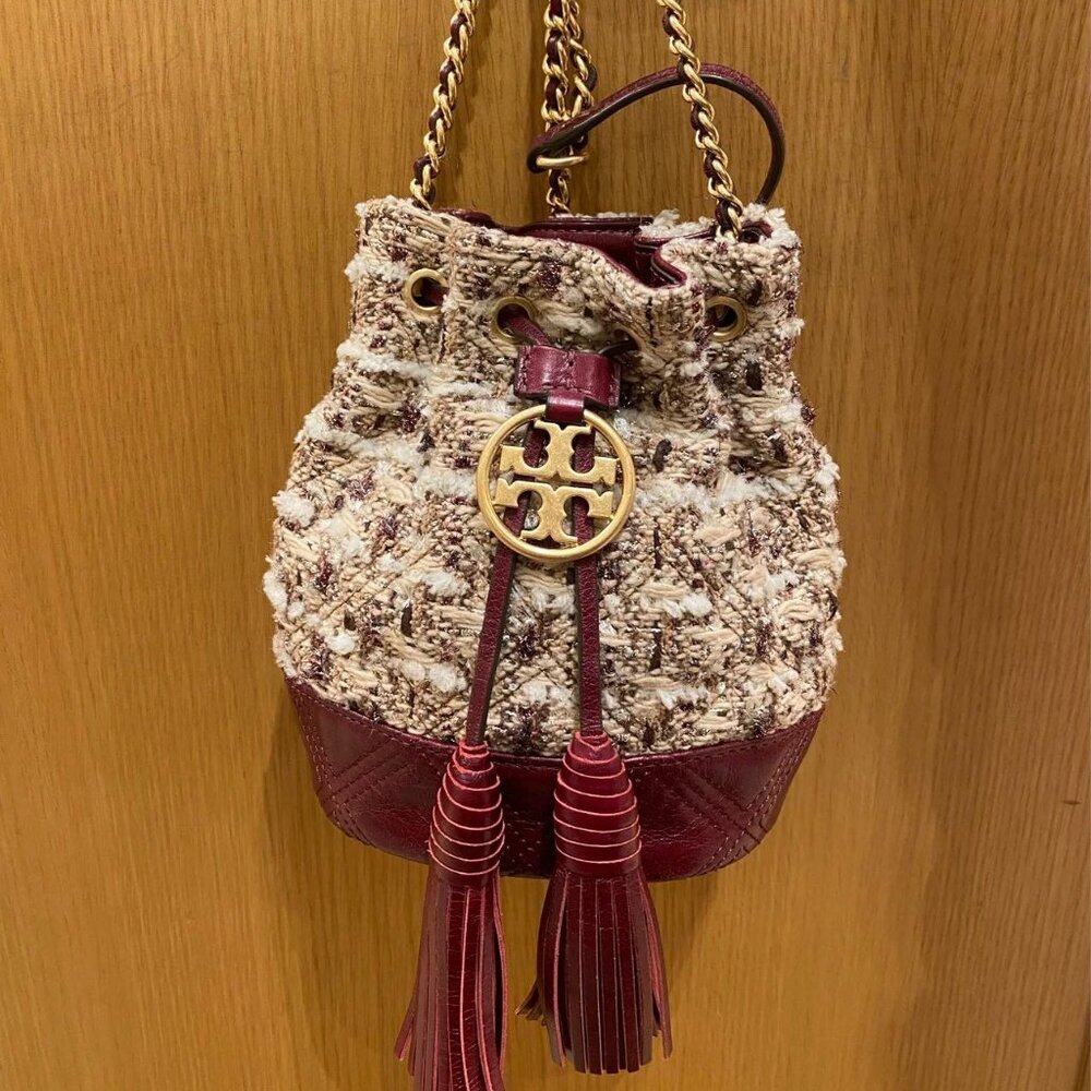 Tory Burch Tweed Fleming Soft Mini Bucket Bag